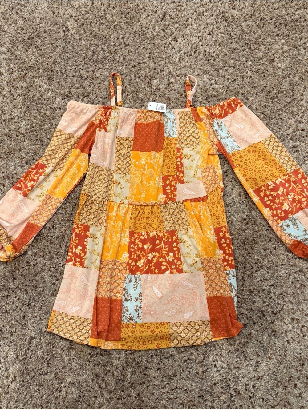 Women's Patchwork Off-Shoulder Dress in Mustard & Rust